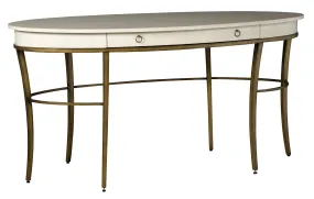 28164 Elegant Oval Writing Desk in White Parchment Finish with Antique Brass Legs and Drawer