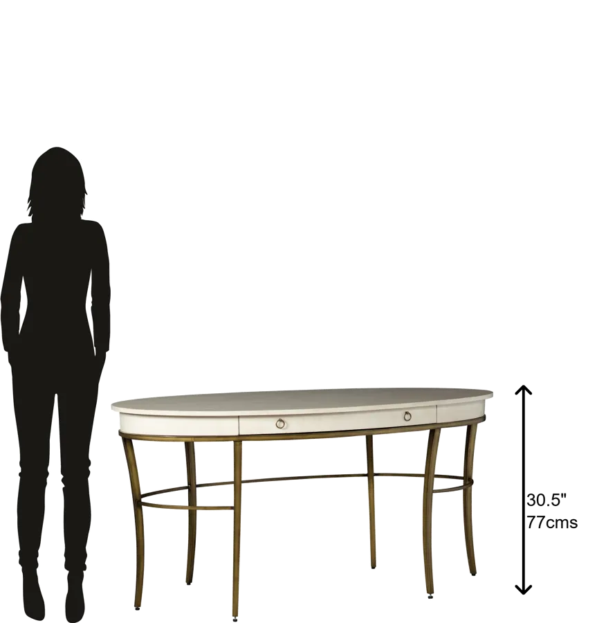 28164 Elegant Oval Writing Desk in White Parchment Finish with Antique Brass Legs and Drawer