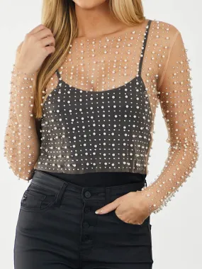 Apricot Mesh Sheer Top with Pearl and Rhinestone Embellishments
