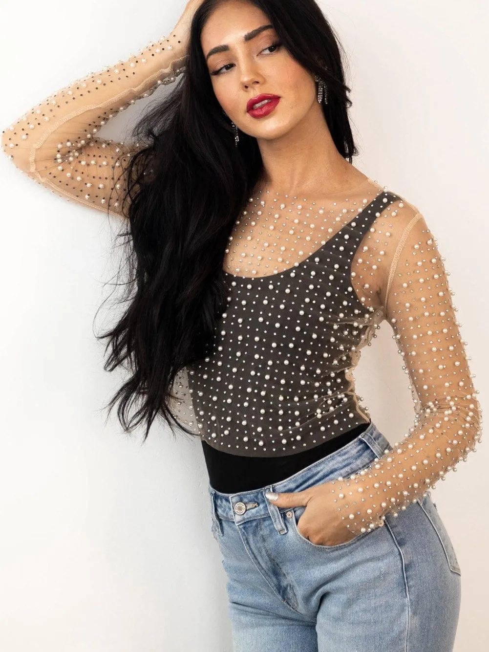 Apricot Mesh Sheer Top with Pearl and Rhinestone Embellishments