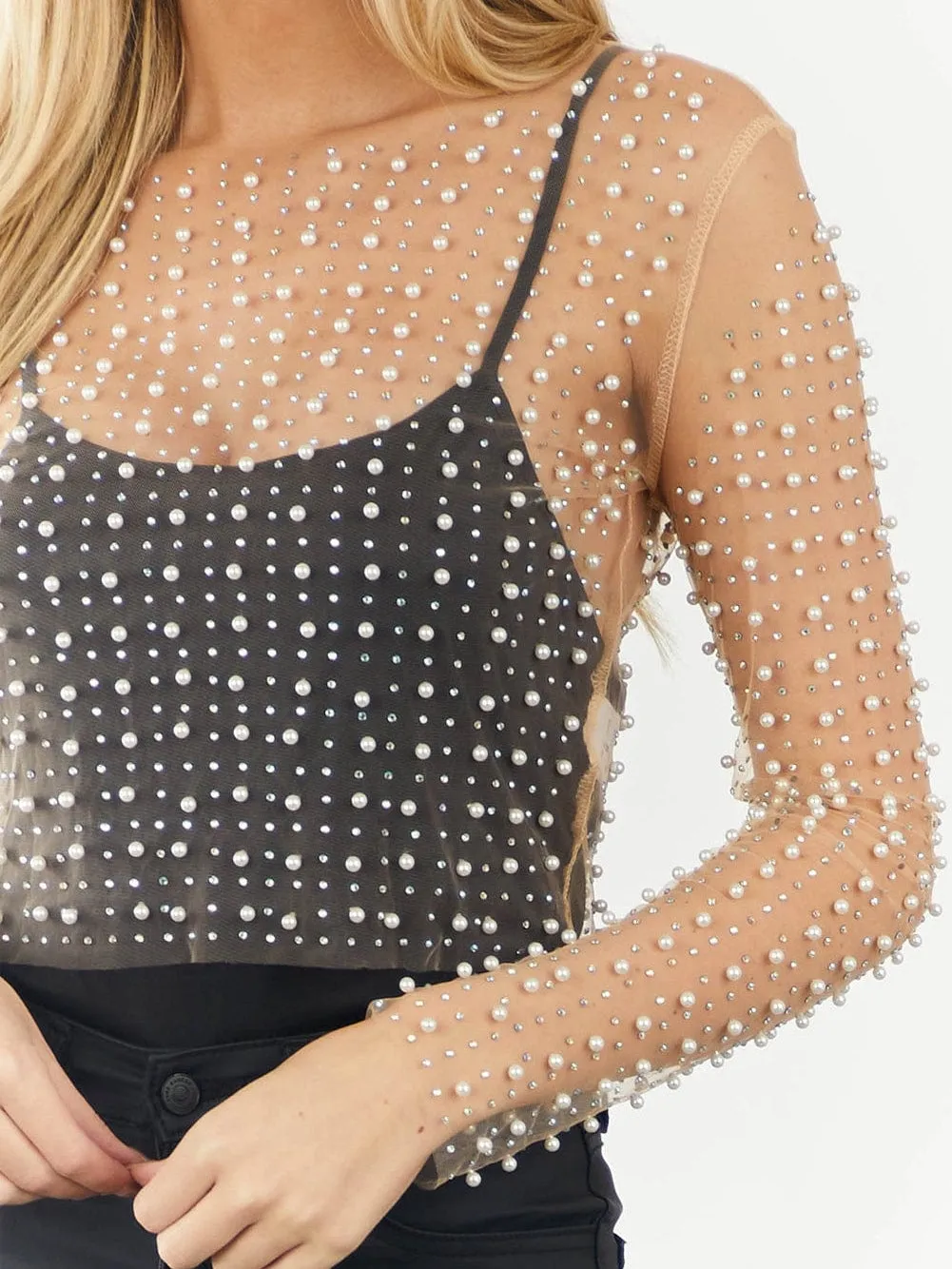 Apricot Mesh Sheer Top with Pearl and Rhinestone Embellishments