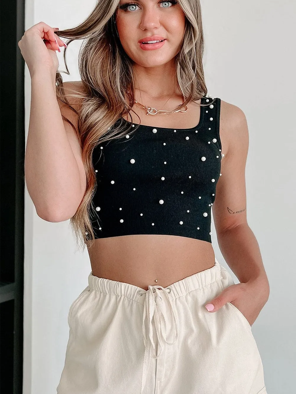 Black Pearl Embellished Square Neck Sleeveless Top