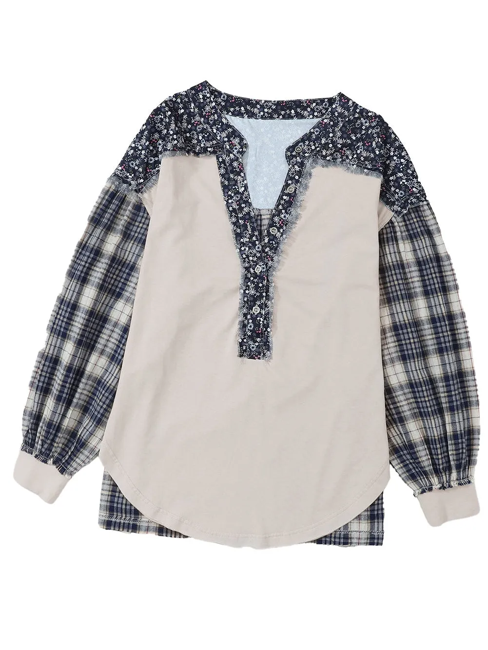 Blue Boho Floral Patchwork Bishop Sleeve Top