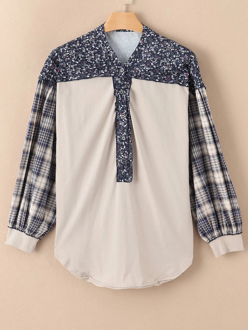 Blue Boho Floral Patchwork Bishop Sleeve Top