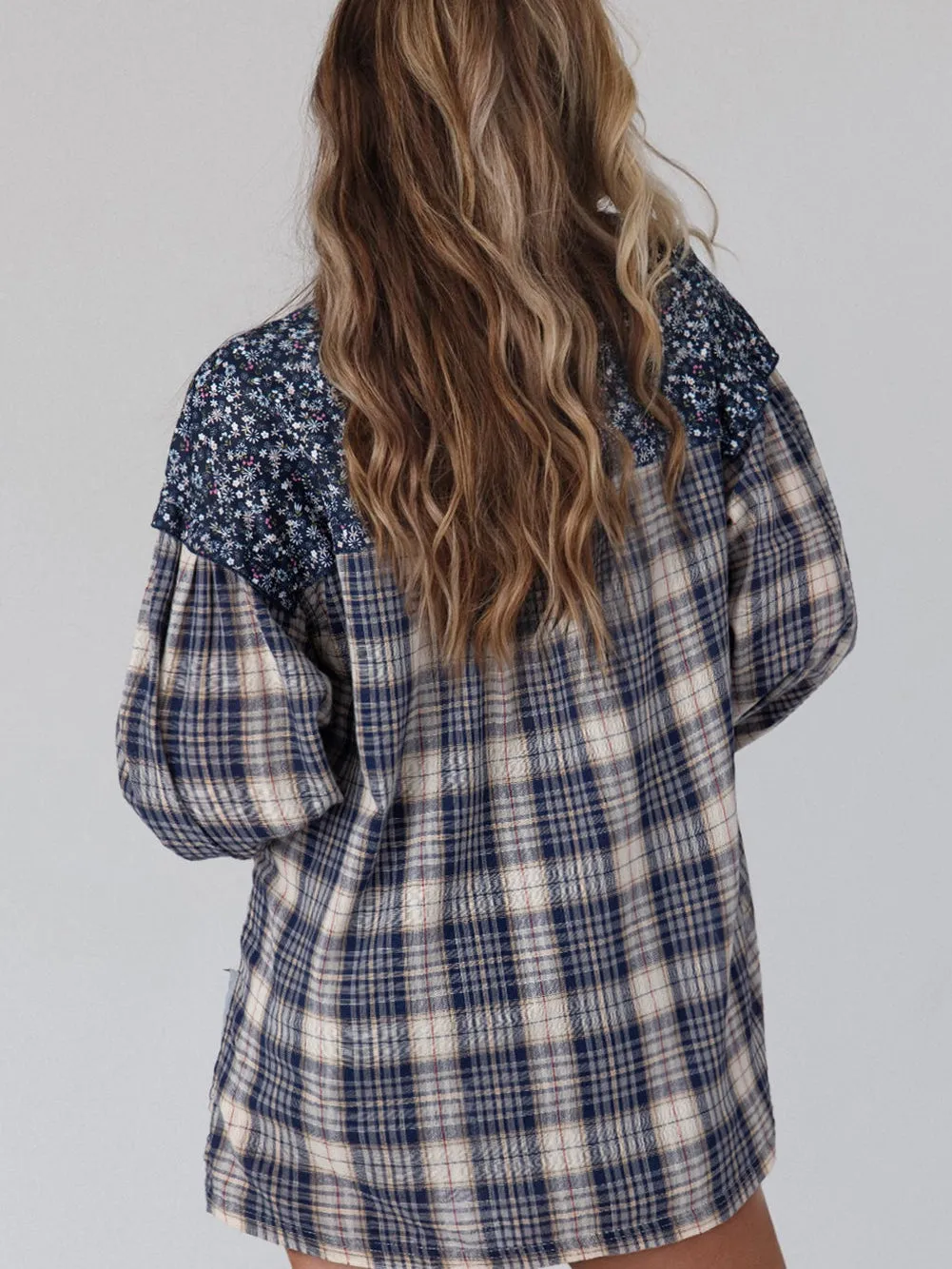 Blue Boho Floral Patchwork Bishop Sleeve Top