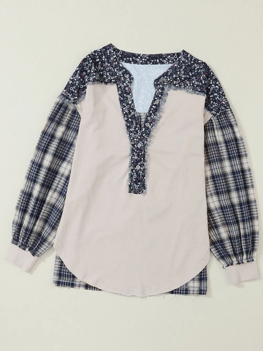 Blue Boho Floral Patchwork Bishop Sleeve Top