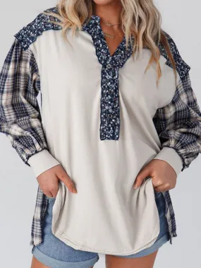 Blue Boho Floral Patchwork Bishop Sleeve Top