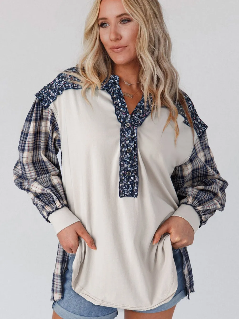 Blue Boho Floral Patchwork Bishop Sleeve Top
