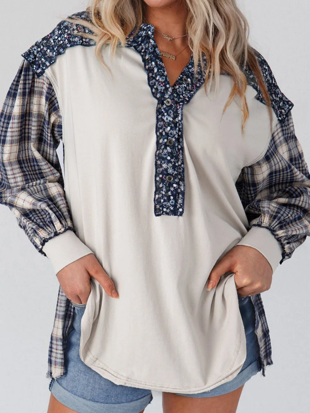 Blue Boho Floral Patchwork Bishop Sleeve Top