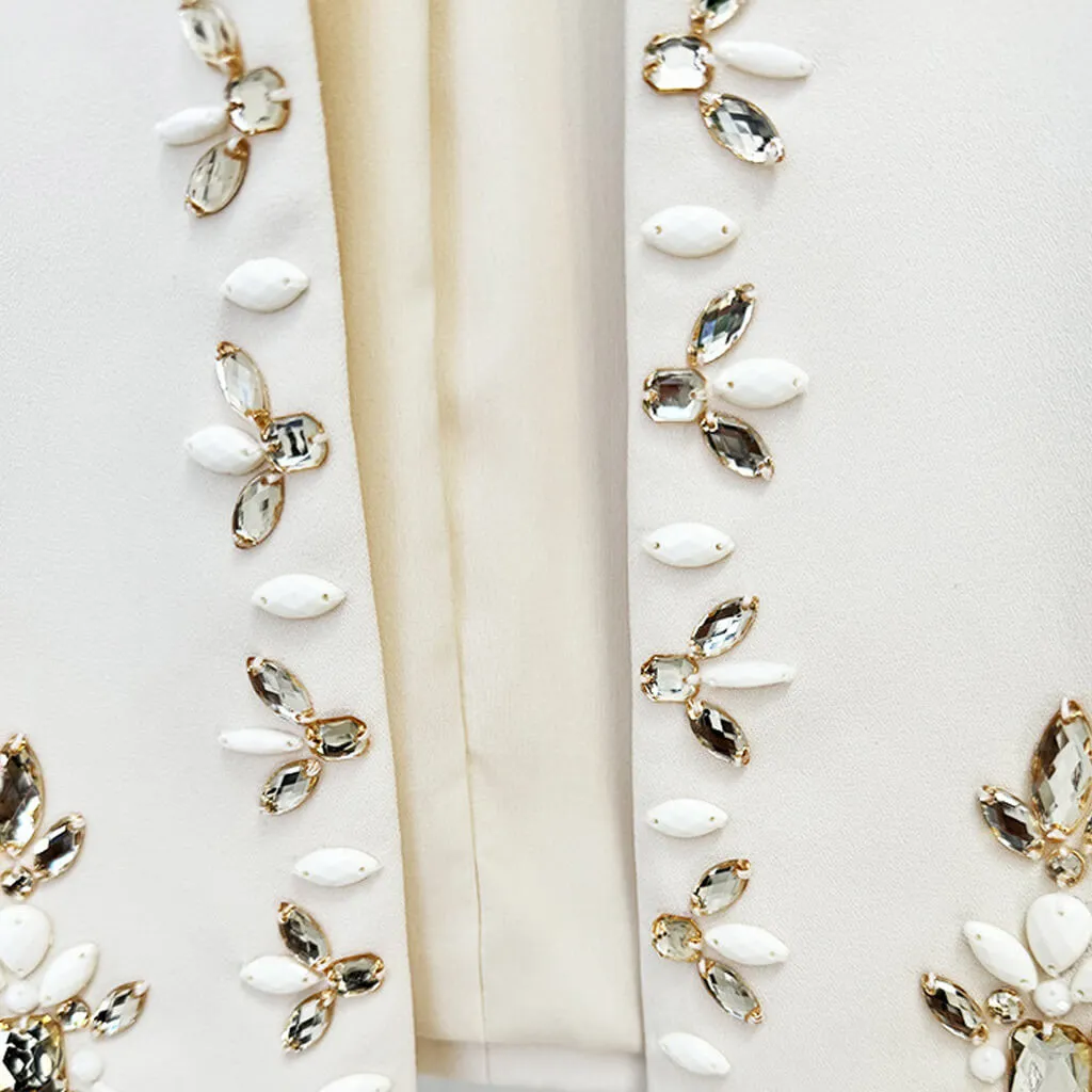 Elegant High Rise Split Skirt Rhinestone Embellished Crop Blazer Matching Set