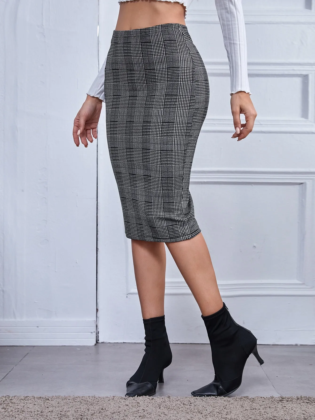 Elegant Houndstooth High Waist Midi Women Skirt