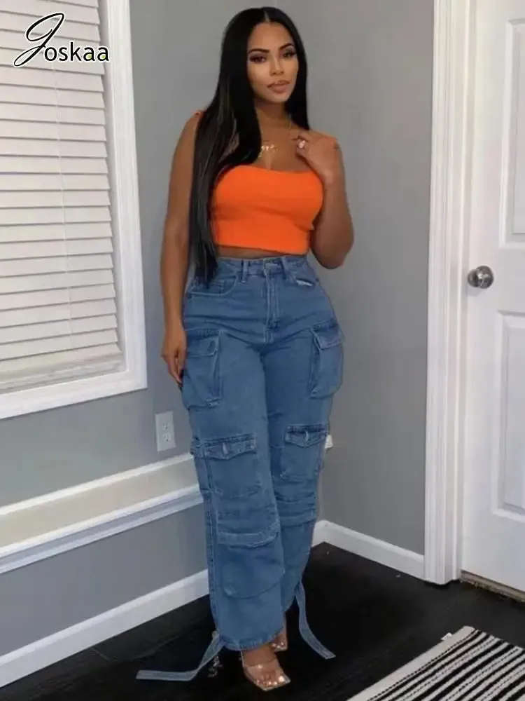 Joskaa Fashion Y2k Pockets Cargo Jeans Women Hipster High Waisted Straight Pants Fall 2024 Casual Denim Trousers Streetwear