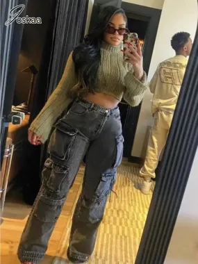 Joskaa Fashion Y2k Pockets Cargo Jeans Women Hipster High Waisted Straight Pants Fall 2024 Casual Denim Trousers Streetwear