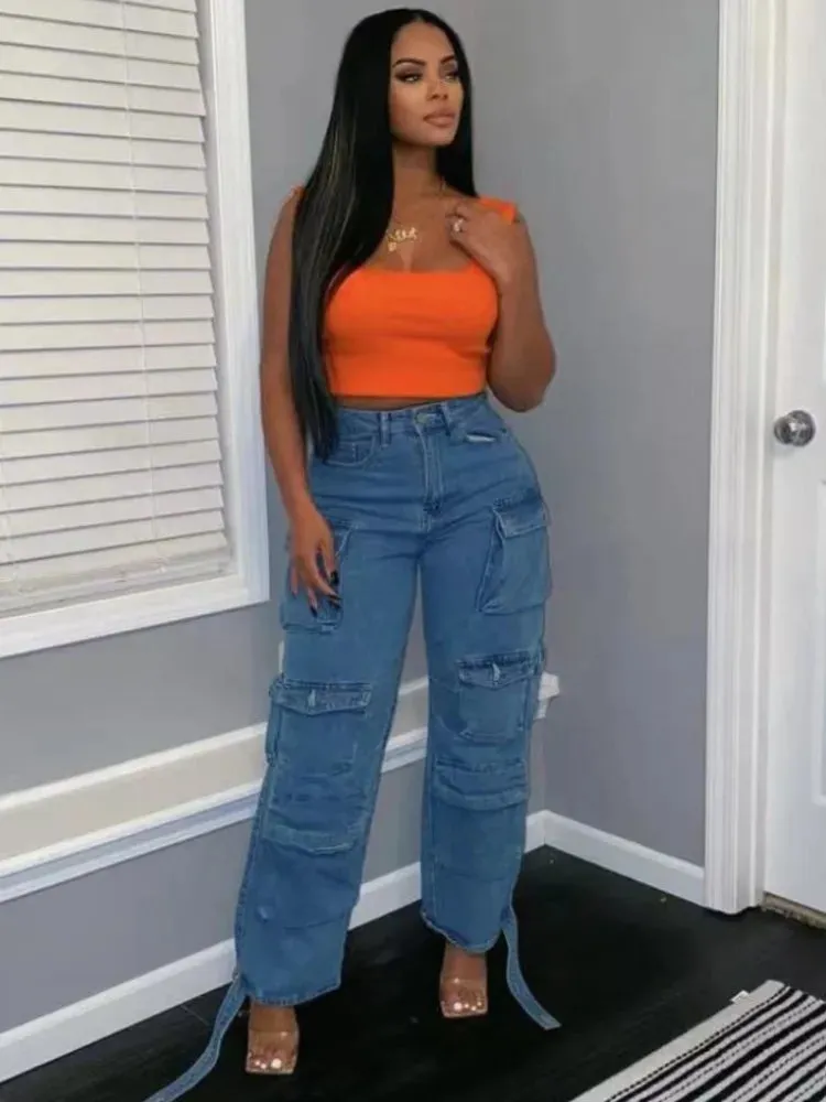 Joskaa Fashion Y2k Pockets Cargo Jeans Women Hipster High Waisted Straight Pants Fall 2024 Casual Denim Trousers Streetwear