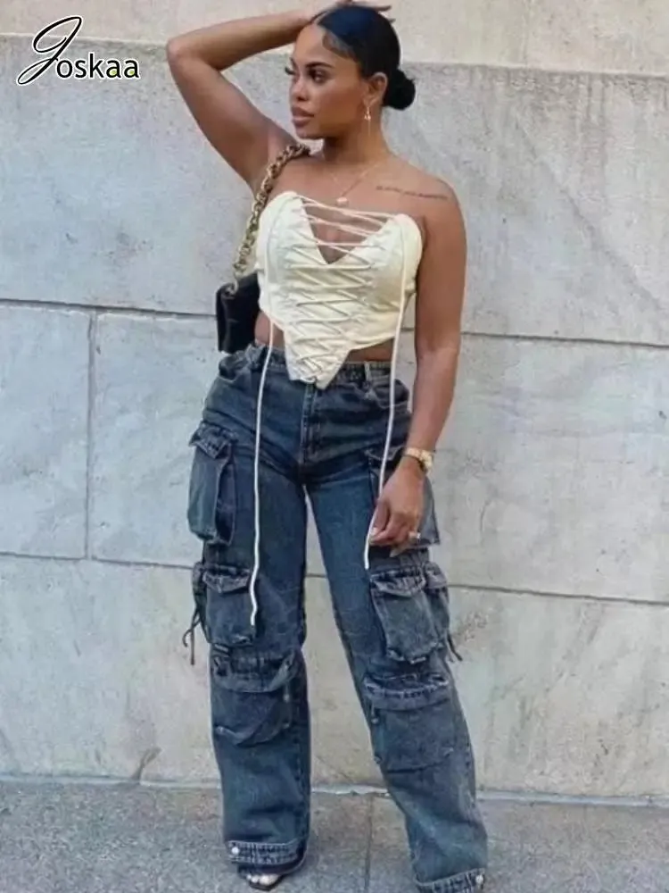 Joskaa Fashion Y2k Pockets Cargo Jeans Women Hipster High Waisted Straight Pants Fall 2024 Casual Denim Trousers Streetwear