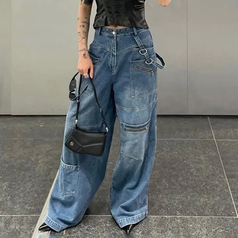 LIZAKOSHT  -  2000s fashion Patchwork Blue Wash Baggy Cargo Jeans