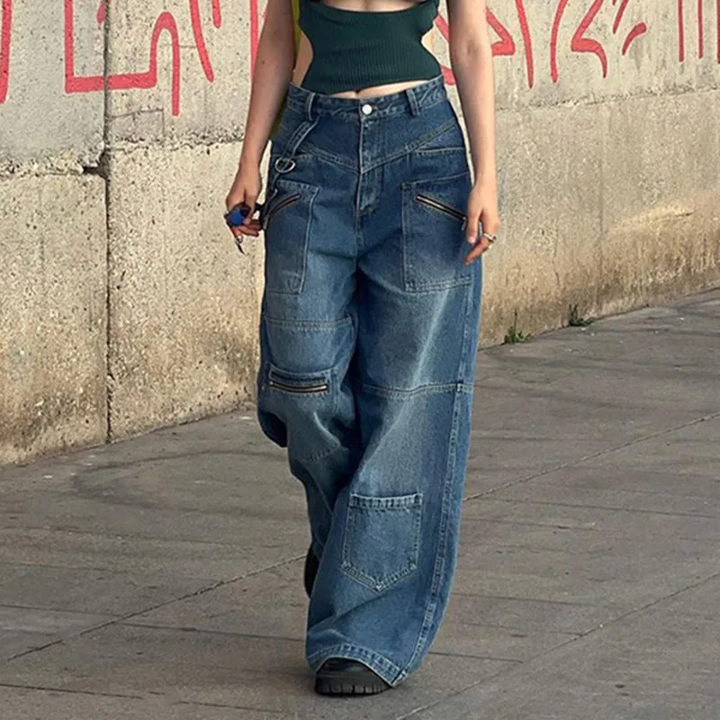 LIZAKOSHT  -  2000s fashion Patchwork Blue Wash Baggy Cargo Jeans