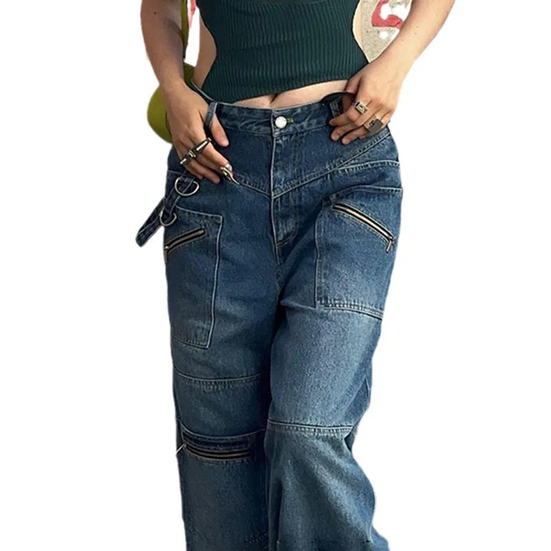 LIZAKOSHT  -  2000s fashion Patchwork Blue Wash Baggy Cargo Jeans