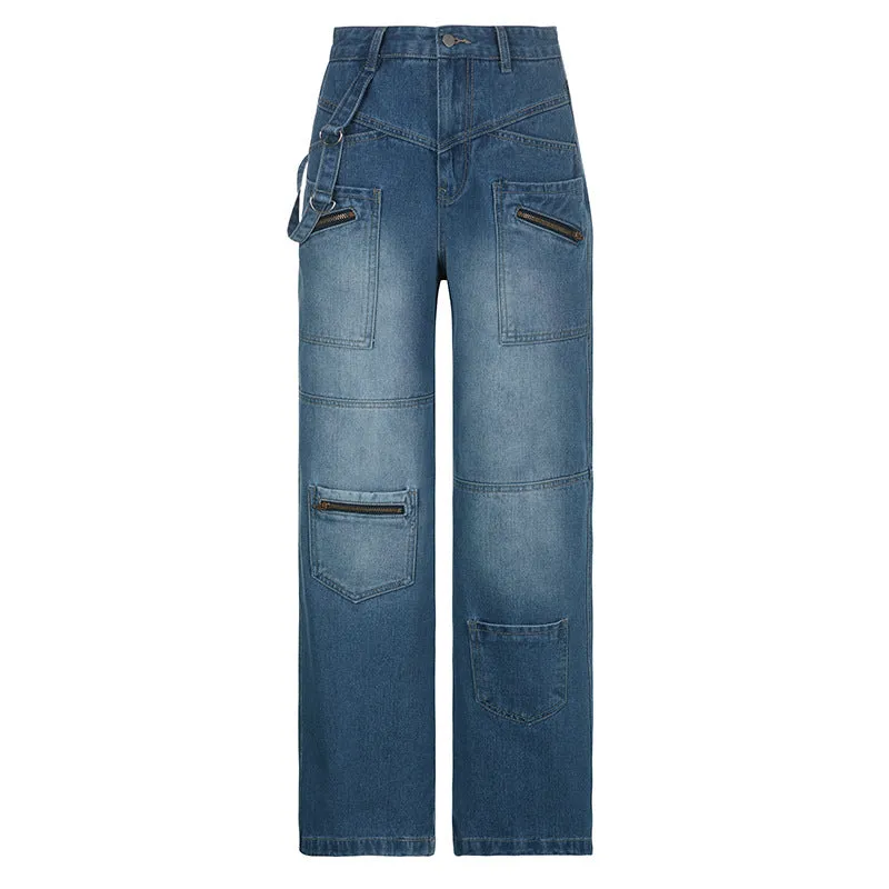 LIZAKOSHT  -  2000s fashion Patchwork Blue Wash Baggy Cargo Jeans