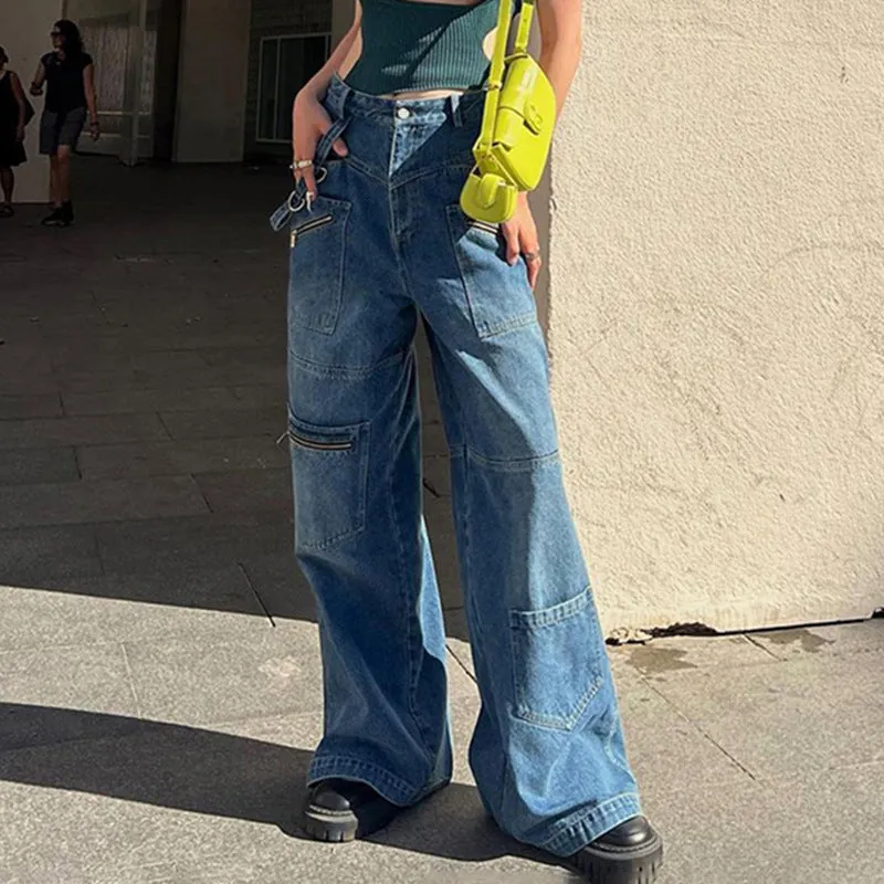 LIZAKOSHT  -  2000s fashion Patchwork Blue Wash Baggy Cargo Jeans