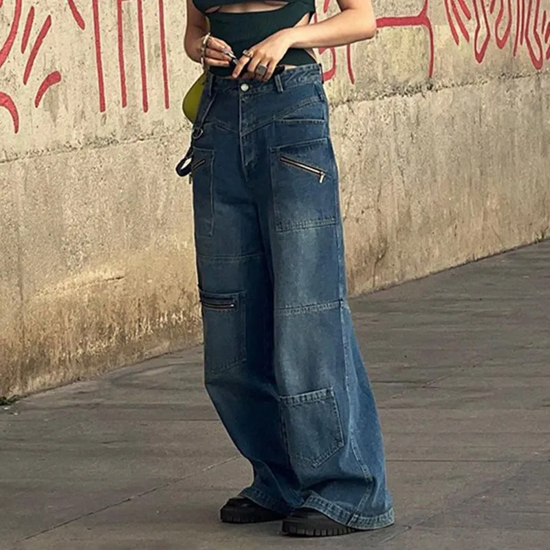 LIZAKOSHT  -  2000s fashion Patchwork Blue Wash Baggy Cargo Jeans