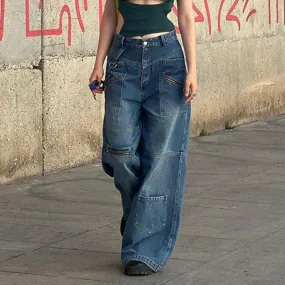 LIZAKOSHT  -  2000s fashion Patchwork Blue Wash Baggy Cargo Jeans