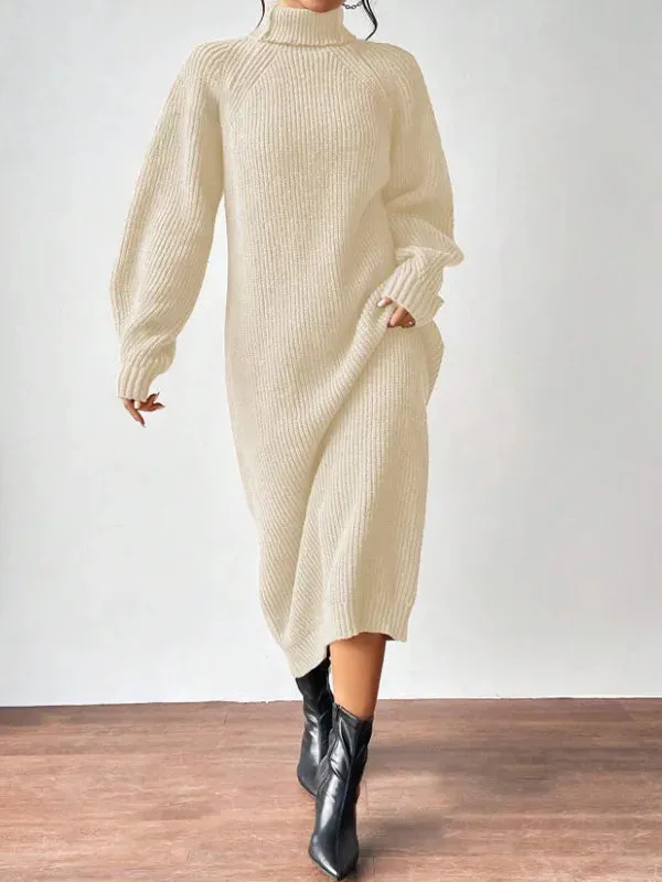 LVSANW Solid Knit Turtleneck Long Sweater Dress Women's Autumn Winter Slouchy Loose Knit Dress Ankle Length Party Dresses Vestidos 2025