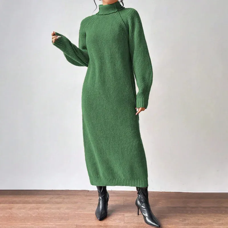 LVSANW Solid Knit Turtleneck Long Sweater Dress Women's Autumn Winter Slouchy Loose Knit Dress Ankle Length Party Dresses Vestidos 2025