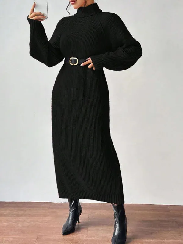 LVSANW Solid Knit Turtleneck Long Sweater Dress Women's Autumn Winter Slouchy Loose Knit Dress Ankle Length Party Dresses Vestidos 2025
