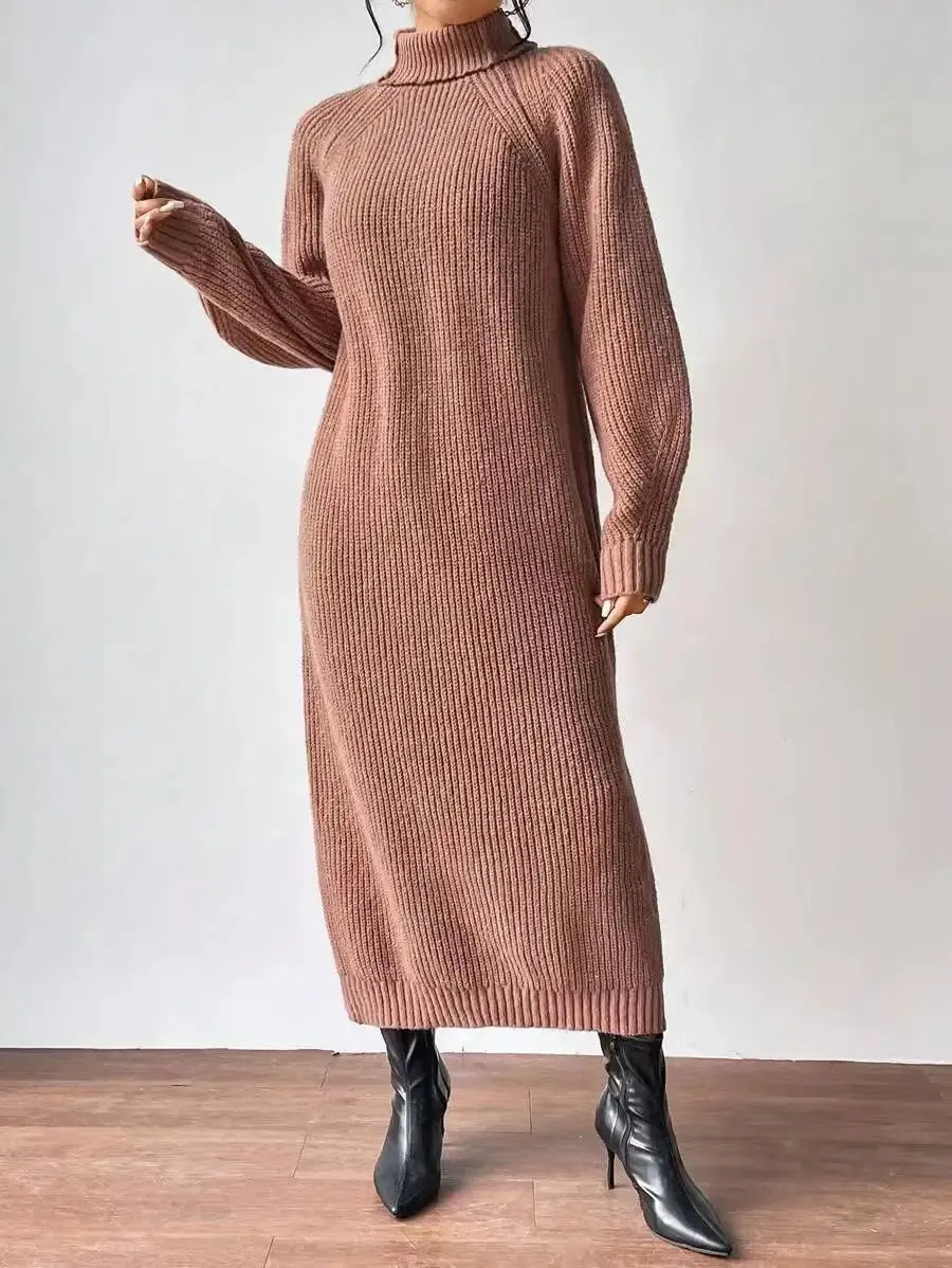 LVSANW Solid Knit Turtleneck Long Sweater Dress Women's Autumn Winter Slouchy Loose Knit Dress Ankle Length Party Dresses Vestidos 2025