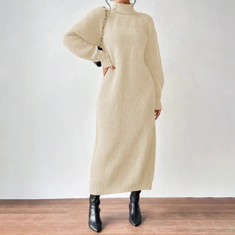 LVSANW Solid Knit Turtleneck Long Sweater Dress Women's Autumn Winter Slouchy Loose Knit Dress Ankle Length Party Dresses Vestidos 2025