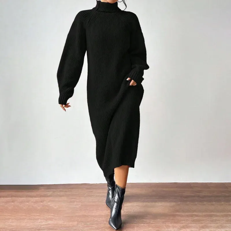 LVSANW Solid Knit Turtleneck Long Sweater Dress Women's Autumn Winter Slouchy Loose Knit Dress Ankle Length Party Dresses Vestidos 2025