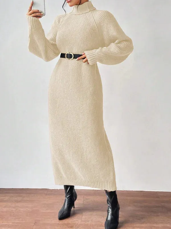 LVSANW Solid Knit Turtleneck Long Sweater Dress Women's Autumn Winter Slouchy Loose Knit Dress Ankle Length Party Dresses Vestidos 2025