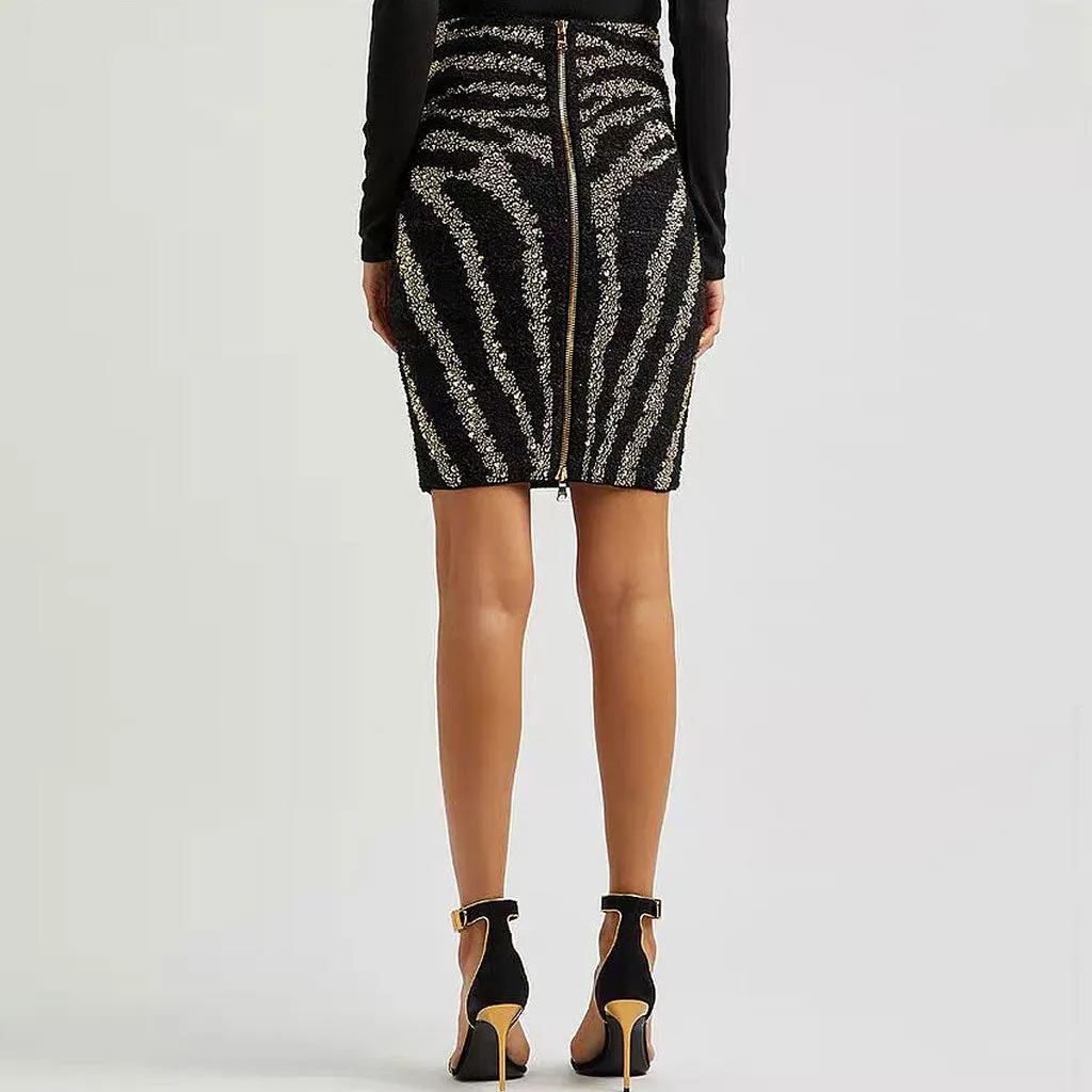 Sparkly Diamante Studded Zebra Print Mid Waist Tweed Knit Mini Pencil Skirt